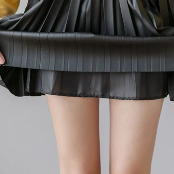 Estilo de inglaterra Plisada Faldas para Mujer de la Alta Cintura de Cuero de la PU Mini Faldas de las Damas de Talla grande de Albaricoque Falda Negra jupe femme