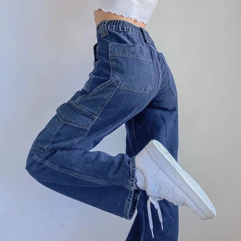 JMPRS de Alta Cintura de las Mujeres Jeans Primavera Estilo Preppy Bolsillos Holgados Pantalones Casual Negro Patchwork Ropa de Mezclilla Pantalones 2021