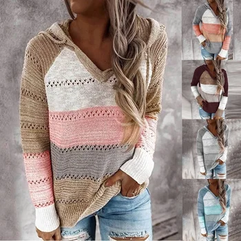 Las Mujeres V Cuello Suéter Con Capucha 2020 Otoño Patchwork Suéter De Punto Elegante A Rayas De Manga Larga Pullovers Casual Suelto Puente Tops