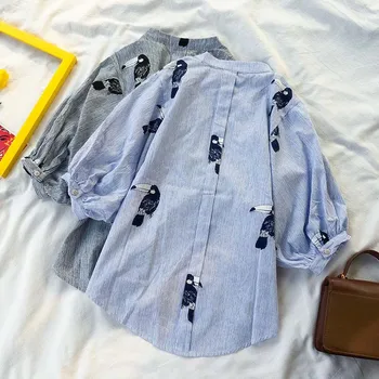 Azul Mediados de-manga Ropa de Mujer O de Cuello Cuervo Impreso Linterna Manga Botón de la Blusa Simple Moda 2020 Primavera Verano de la Camiseta Nueva