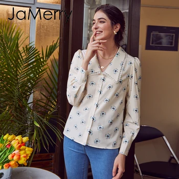 JaMerry de la impresión Floral de la blusa camisa de la mujer Casual de manga larga cosecha de mujeres la parte superior de la camisa de cuello en v ropa de señoras de oficina blusa camisa