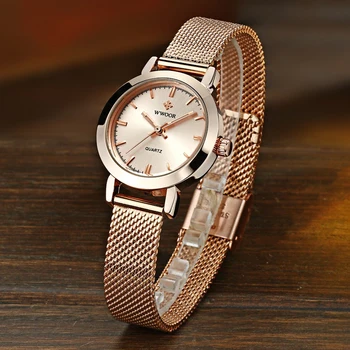 WWOOR Marca de Lujo del Reloj de las Mujeres Reloj de Pulsera de Oro Rosa de Acero de Malla de Cuarzo Relojes de Señoras Impermeable Reloj Para Mujeres montre femme