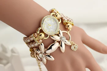 Reloj de pulsera de las Mujeres de Moda de las Señoras de Cuarzo-reloj Mujer Reloj de Flores de Imitación de la Perla de la Cadena de Relojes de Pulsera de Cuarzo de las Mujeres del Tiempo de la Sonrisa