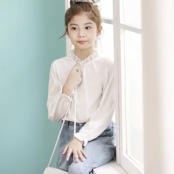 Adolescente Chica de la Blusa Blanca de Algodón de Encaje de Manga Larga de la Camisa de 2020 Otoño de Corea del Estilo de los Niños de las Niñas Tops 10 12 14 años