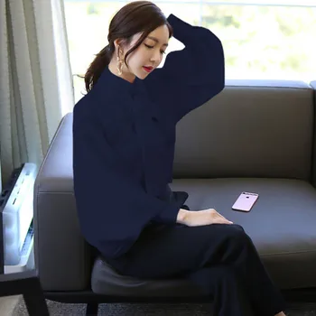 Coreano de la moda elegante de las señoras tops y blusas de 2018 otoño vintage pajarita collar de la linterna de la manga de la mujer camisetas de chemisier femme