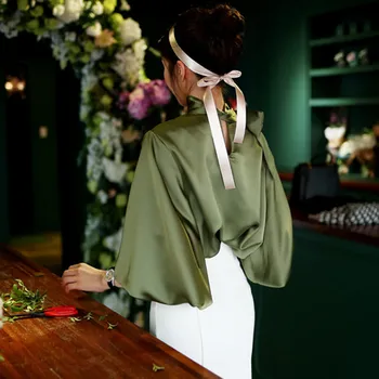 Coreano de la moda elegante de las señoras tops y blusas de 2018 otoño vintage pajarita collar de la linterna de la manga de la mujer camisetas de chemisier femme