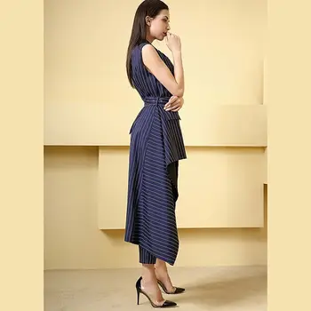 La moda de la Marea de la Moda Nueva de color Azul a Rayas Irregulares Largo Traje de Chaleco sin Mangas Tobillo-Longitud de los Pantalones en la Mujer el Conjunto de Dos Piezas YG359