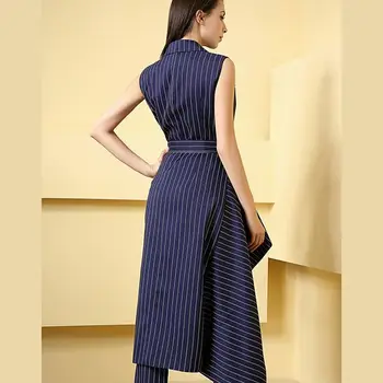 La moda de la Marea de la Moda Nueva de color Azul a Rayas Irregulares Largo Traje de Chaleco sin Mangas Tobillo-Longitud de los Pantalones en la Mujer el Conjunto de Dos Piezas YG359