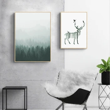 De estilo nórdico River Forest Resumen de los Ciervos de Aves que Vuelan Arte de la Pared de la Lona de Pintura de la Casa de los Carteles y Grabados de la Decoración para la Sala de estar