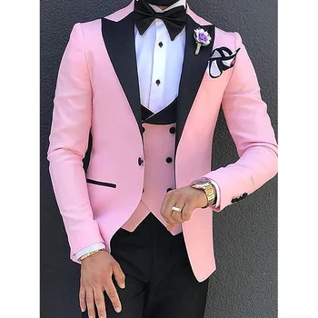 Hombres Slim Fit Trajes de 3 piezas (Chaqueta Chaleco Pantalones Conjuntos de Moda Casual el Novio de la Boda de color Rosa Formal Esmoquin Clásico Blazer Masculino