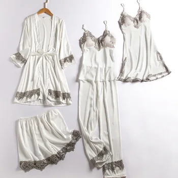 Las mujeres Albornoz Kimono Vestido 5PCS ropa de dormir Pijamas de Satén Traje ropa de Dormir Sexy Casual Encaje Noctámbulo&Túnica Conjunto de Camisón Ropa de Hogar