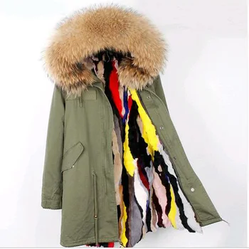 Nuevo larga y delgada abrigos de invierno chaquetas mujer parka real de Mapache Cuello de Piel con capucha de piel de conejo forro outwear estilo de la marca