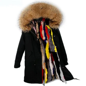 Nuevo larga y delgada abrigos de invierno chaquetas mujer parka real de Mapache Cuello de Piel con capucha de piel de conejo forro outwear estilo de la marca