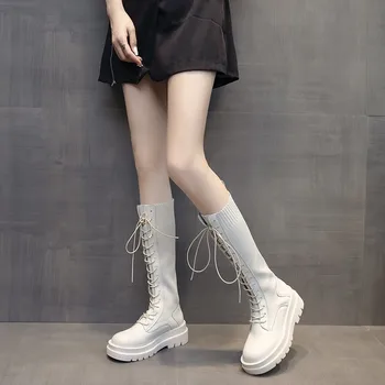 Las mujeres Calcetín Botas de Otoño de Encaje hasta la mitad de la Pantorrilla Botas de Mujer de Alta Plataforma de Calcetín de Zapatos de Moda Beige Medias Botas de la mitad de la pantorrilla