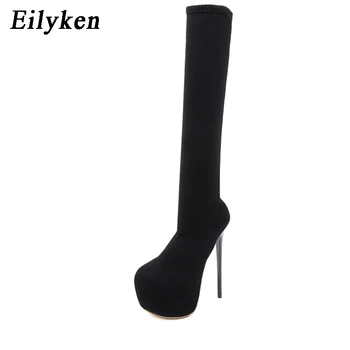 Eilyken 17CM Talones de la Plataforma de Botas de Mujer de Más de la Rodilla botas de Invierno para Mujer Negro tejido de Zapatos de Alta del Muslo Calcetines Botas de Señora, Zapatos