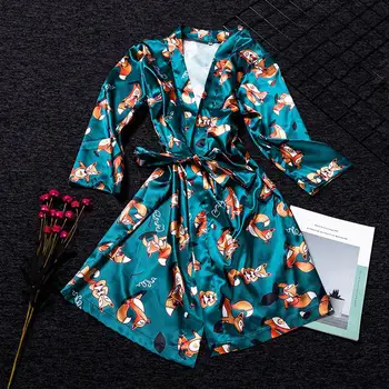 Lindos Pijamas Batas de Raso Albornoz Kimono de Dama de honor para las Mujeres Sexy Camisón V-cuello de Dormir blusas con Cinturón de Fox Impresión de la ropa de dormir