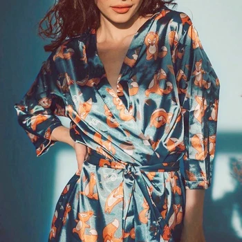 Lindos Pijamas Batas de Raso Albornoz Kimono de Dama de honor para las Mujeres Sexy Camisón V-cuello de Dormir blusas con Cinturón de Fox Impresión de la ropa de dormir