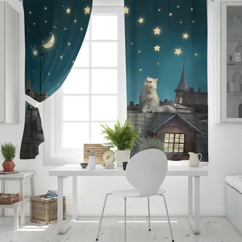 Techo Gatito Noche de Luna las Estrellas de Cortinas para la Sala de estar Habitación de los Niños de la Decoración de la Casa y Productos de la Cocina de Windows Cortinas