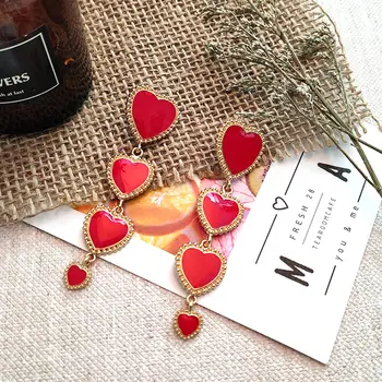 Flatfoosie Nuevo Diseño de Corazón Rojo de Cadena Larga Pendientes de la Gota De las Mujeres de la Muchacha de Esmalte Pendientes Con cajas de Regalo de la Joyería de la Moda