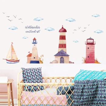 Dibujos animados de Acuarela Faro de el Barco de etiquetas Engomadas de la Pared de la Habitación de los Niños de la Guardería Decoración Extraíble Baño Calcomanía de Vinilo Mural de Arte Impermeable