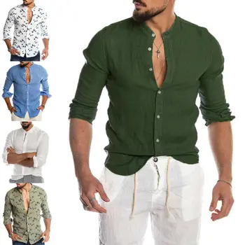 Mens Casual, Camisas de Manga Larga Blusa Holgada Botones de Verano Sólido Cómodo Puro Algodón Casual Slim Fit de Vacaciones de camisas de hombre