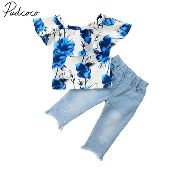 2018 Nuevo Niño Bebé Bebé Niño Niña Floral T-shirt Tops pantalones Vaqueros del Dril de algodón Largo de Abalorios Pantalones 2Pcs Verano Sunsuit Ropa 1-5T