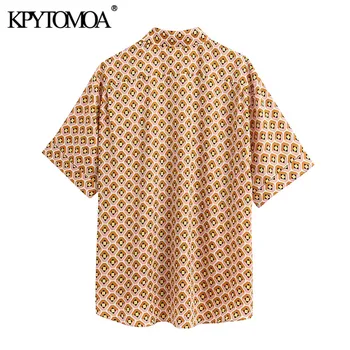 KPYTOMOA Mujeres 2020 de la Moda estampado Geométrico de Bolsillo Blusas Vintage con Cuello de Solapa de Manga Corta de Mujer Camisas Blusas Tops Chic