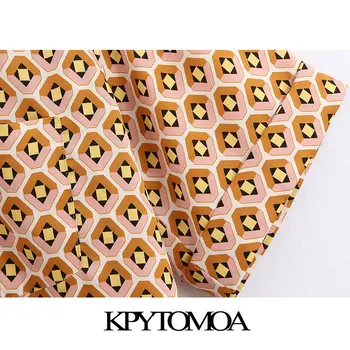 KPYTOMOA Mujeres 2020 de la Moda estampado Geométrico de Bolsillo Blusas Vintage con Cuello de Solapa de Manga Corta de Mujer Camisas Blusas Tops Chic
