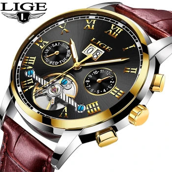 LIGE 2019 Superior de la Marca de Lujo de la Moda de los Hombres Mecánicos Automáticos del Reloj para Hombre Impermeable de Cuero Sport Casual Reloj Relogio Masculino