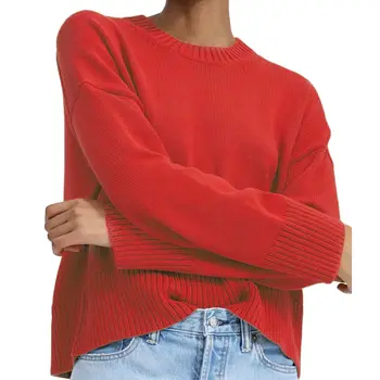 Otoño Invierno de las Mujeres del Suéter rojo Casual Simple de la Moda de Punto de Jersey Rosa de Caída de Hombro de la Manga O-Suéter de cuello