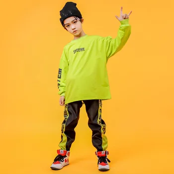 Hip Hop Trajes De Baile De Los Niños De Color Verde Fluorescente Suéter Pantalones De Jazz Escenario Para Bailar Desgaste Conjunto De Chicos De La Calle Mostrar La Ropa