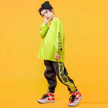 Hip Hop Trajes De Baile De Los Niños De Color Verde Fluorescente Suéter Pantalones De Jazz Escenario Para Bailar Desgaste Conjunto De Chicos De La Calle Mostrar La Ropa