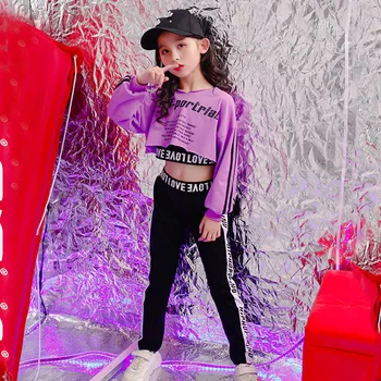 Niños Trajes Ropa de Algodón coreano de la Moda Hip Hop de la Calle de las Adolescentes Púrpura Sudaderas Sudadera + Pantalón negro