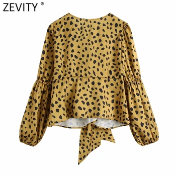 Zevity 2021 Mujeres de Cuello en V Profundo Sexy de Leopardo de Impresión de Arco Atado Delantal Blusa Femenina Puff Manga Kimono Camisetas Chic Blusas Tops LS7652