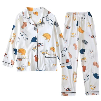 De estilo japonés de la primavera y el otoño de las señoras del algodón pijamas de punto traje de manga larga, pantalones de traje de dos piezas lindo hogar servicio de mujer