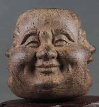 Elaborar decorativos Chinos manual de madera de Cuatro Caras Budismo Buda cabeza de la Estatua de