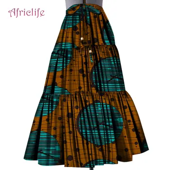 Las Mujeres africanas Vestido de la Longitud de Tobillo Africana de la Impresión de la Ropa de Algodón Con Cinturón Único Ankara Suelta la Mitad de la Falda Plisada WY4576