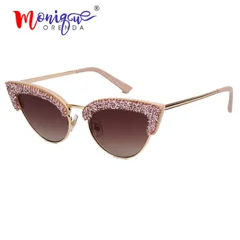 La moda de ojo de gato gafas de sol de las mujeres de la marca de diseñador de la vendimia de la mitad marco de grava de diamante de imitación de gafas de sol de los hombres tonos oculos de sol UV400