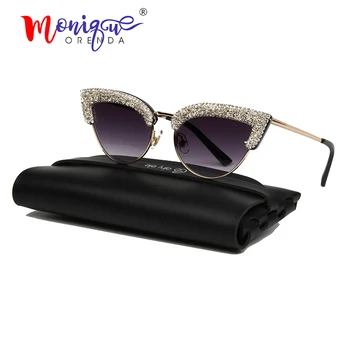 La moda de ojo de gato gafas de sol de las mujeres de la marca de diseñador de la vendimia de la mitad marco de grava de diamante de imitación de gafas de sol de los hombres tonos oculos de sol UV400