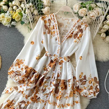 QUE CGDSR elegantes vestidos de las mujeres de la pista vestido de una línea de fiesta de la vendimia de lujo de estilo coreano 2020 otoño invierno boho de la impresión floral de la túnica