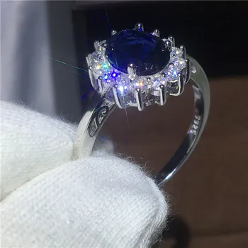 Vecalon Joyería Fina Real de la Plata Esterlina 925 anillo de 5A Azul Cz Circón Diana de Compromiso de la boda Banda de anillos para mujer de Novia