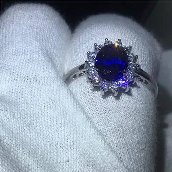 Vecalon Joyería Fina Real de la Plata Esterlina 925 anillo de 5A Azul Cz Circón Diana de Compromiso de la boda Banda de anillos para mujer de Novia