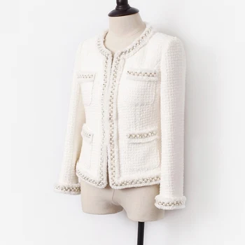 Blanco mujeres chaqueta de tweed hechos a Mano de perlas de primavera / otoño / invierno abrigo de lana de Lana clásica chaqueta de las Señoras