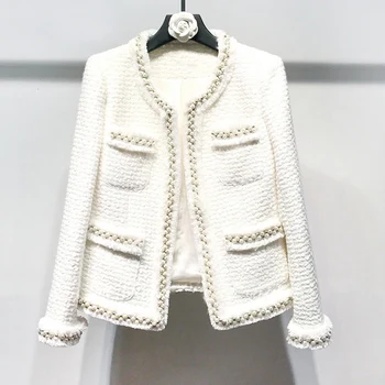 Blanco mujeres chaqueta de tweed hechos a Mano de perlas de primavera / otoño / invierno abrigo de lana de Lana clásica chaqueta de las Señoras
