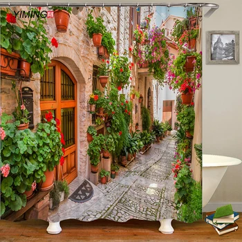 200x180cm cuarto de baño impermeable de la cortina de la ducha Europeo de la calle vista hermosa calle de las flores de impresión de la decoración del hogar de la cortina