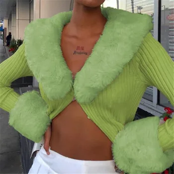 Las mujeres Suéteres de color Verde Sólido Botón de la Chaqueta de Punto Con Cuello de Piel Falsa de Manga Larga Suéteres para Mujer de la Moda de Ropa de Invierno
