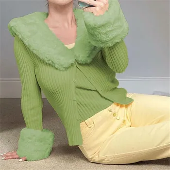 Las mujeres Suéteres de color Verde Sólido Botón de la Chaqueta de Punto Con Cuello de Piel Falsa de Manga Larga Suéteres para Mujer de la Moda de Ropa de Invierno