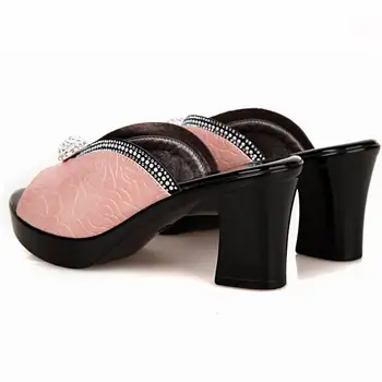 Rhinestone de las Mujeres sandalias cómodas geuine de cuero gruesos tacones de las mujeres zapatos casuales de verano de la plataforma de la sandalia