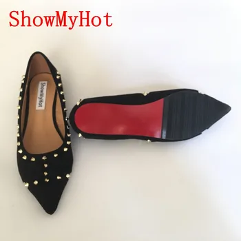 ShowMyHot las Mujeres de la Moda Tachonado de la Punta del dedo del pie Zapatos de fiesta mujer de Color Sólido de remaches Zapatos Planos Casuales de deslizamiento en los zapatos Zapatos de mujer