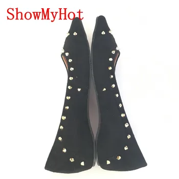 ShowMyHot las Mujeres de la Moda Tachonado de la Punta del dedo del pie Zapatos de fiesta mujer de Color Sólido de remaches Zapatos Planos Casuales de deslizamiento en los zapatos Zapatos de mujer